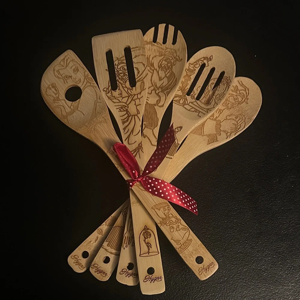 Disney Beauty and the Beast Wooden Utensil Set with Red Ribbon